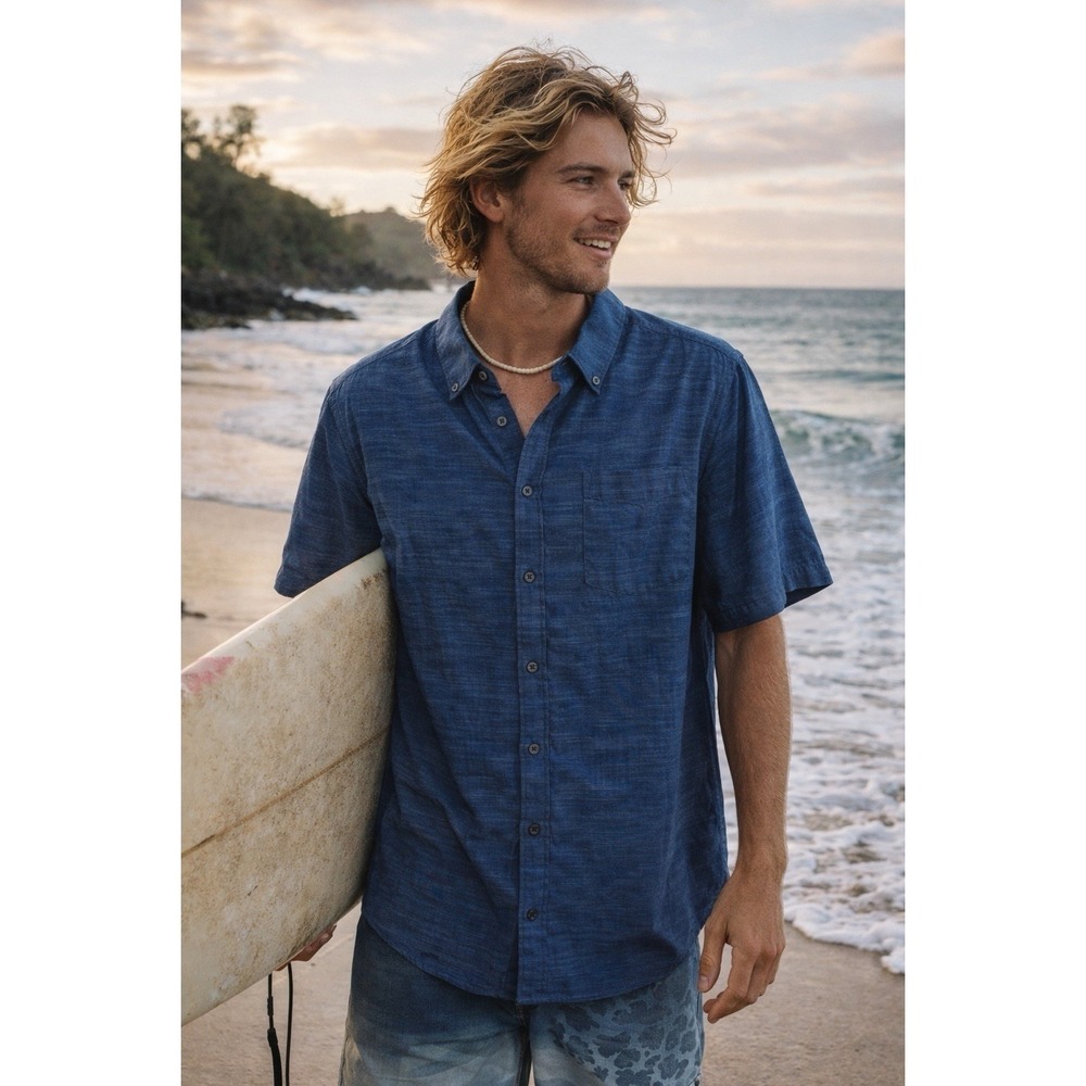 Hurley‎ Mens Classic Fit Short Sleeve Button Down Shirt Blue Slub Large